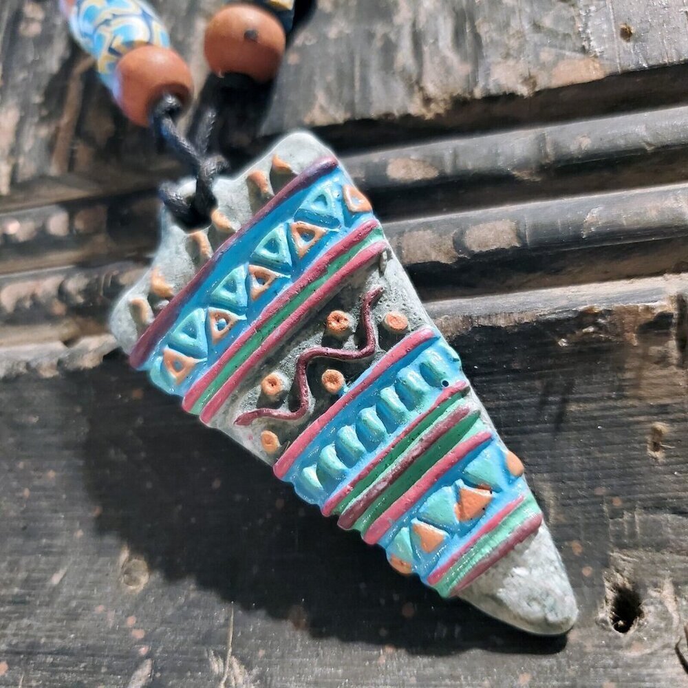 Artisan Tribal Triangle Unglazed Clay Gray Multicolor Pendant Necklace